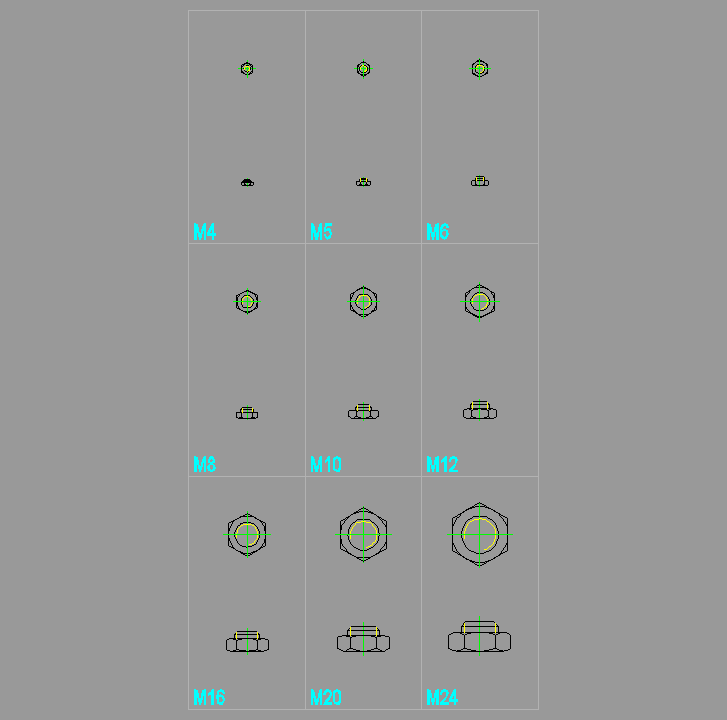 Bloque Autocad Juego varias medidas de TUERCAS HEXAGONAL DIN 936 REBAJADA